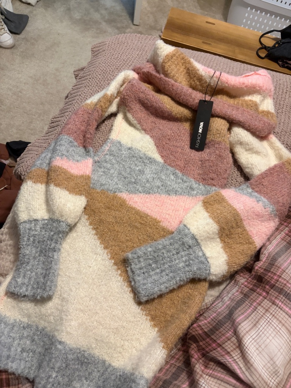 Fashion Nova Cream Pink Gray & Tan Geometric Cowl Neck Sweater